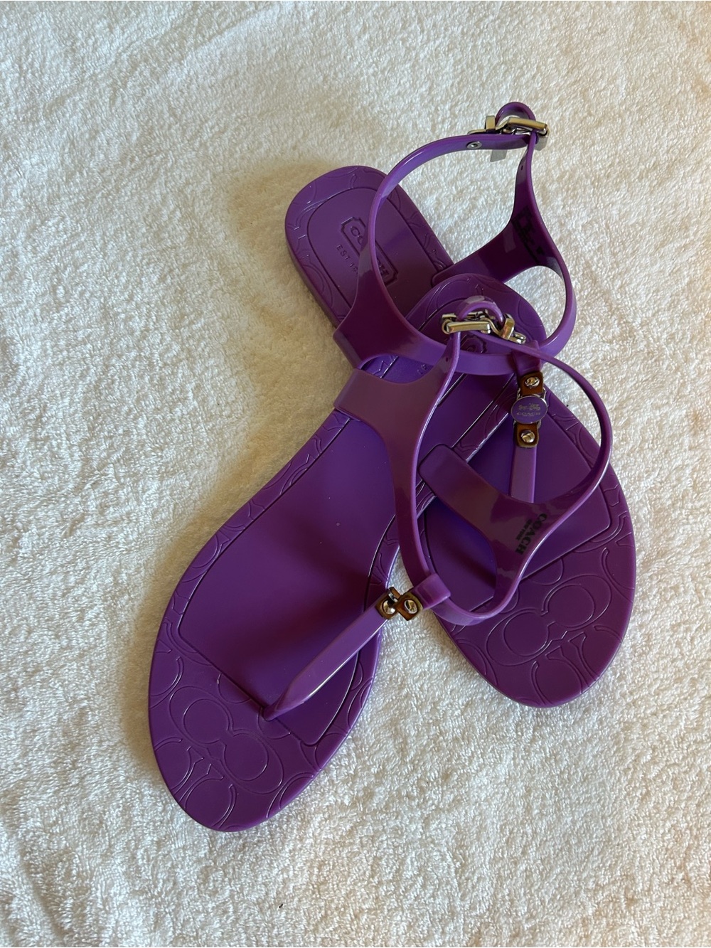 Coach Purple Jelly T-Strap Sandals with Gold Hardware